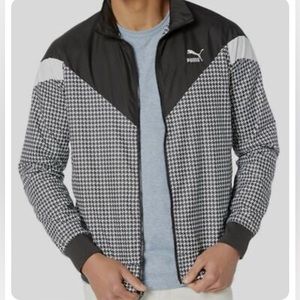 Puma Mens Black White Houndstooth Stand-Collar Logo Full-Zip Track Jacket, Med
